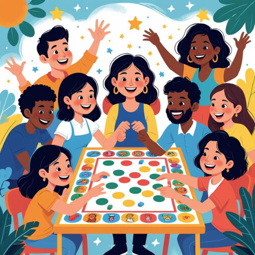 Cartoon people playing a board game and looking very happy about it.